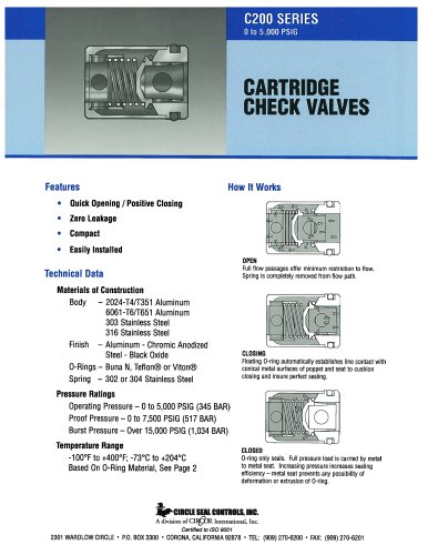 C200 Series Cartridge Check Valves