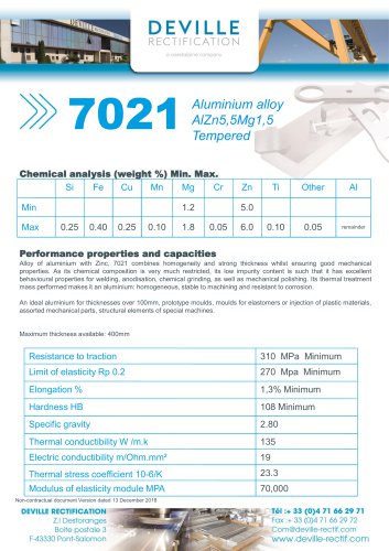 7021 Aluminium alloy AlZn5,5Mg1,5 Tempered