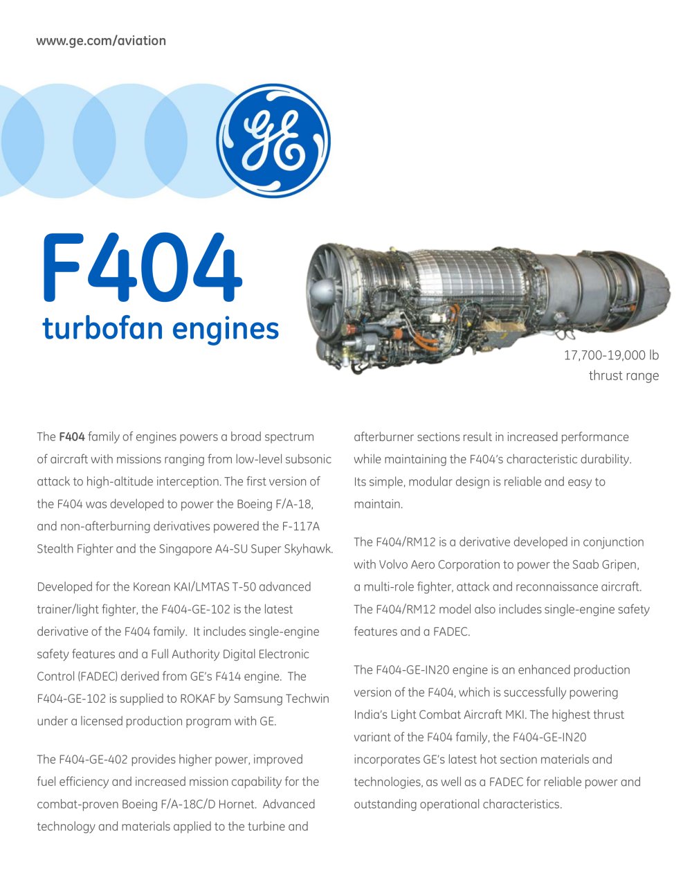 F404 turbofan engines - GE AVIATION
