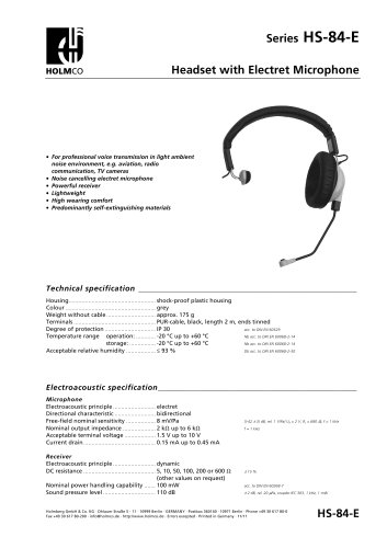 Series HS-84-E Headset with Electret Microphone