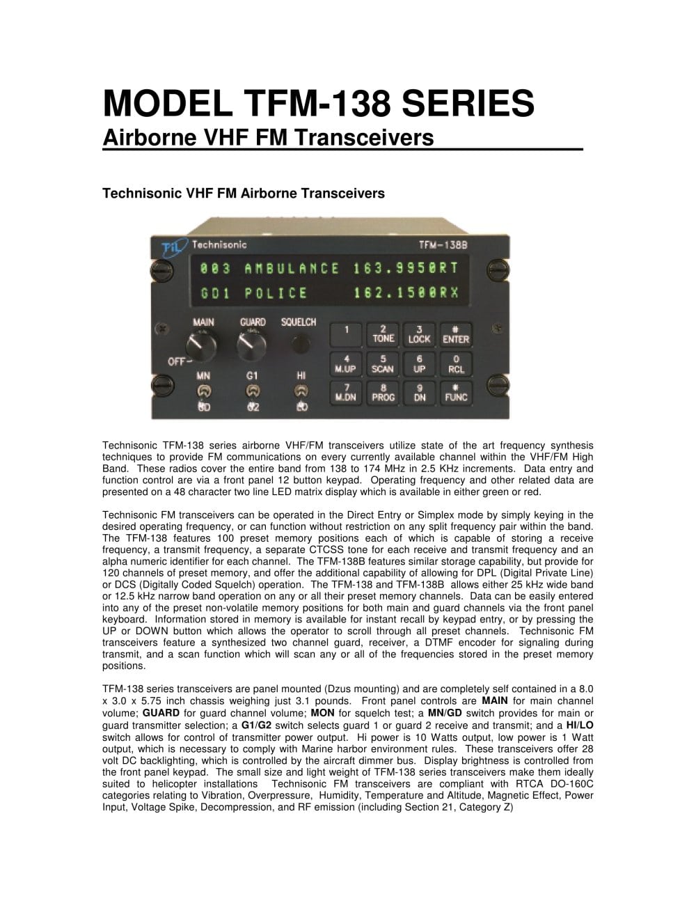 MODEL TFM-138 SERIES - Technisonic Industries Ltd.