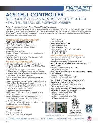 ACS-1EUL CONTROLLER BLUETOOTH® / NFC / MAG STRIPE ACCESS CONTROL ATM / TELLERLESS / SELF-SERVICE LOBBIES