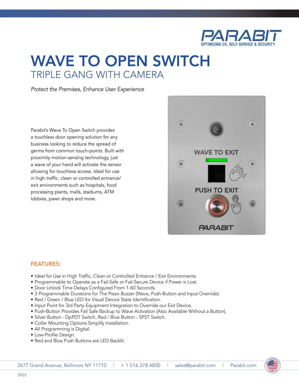 WAVE TO OPEN SWITCH TRIPLE GANG WITH CAMERA - Parabit Systems