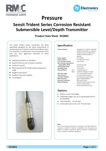 Sensit Trident Series Corrosion Resistant Submersible Level/Depth Transmitter