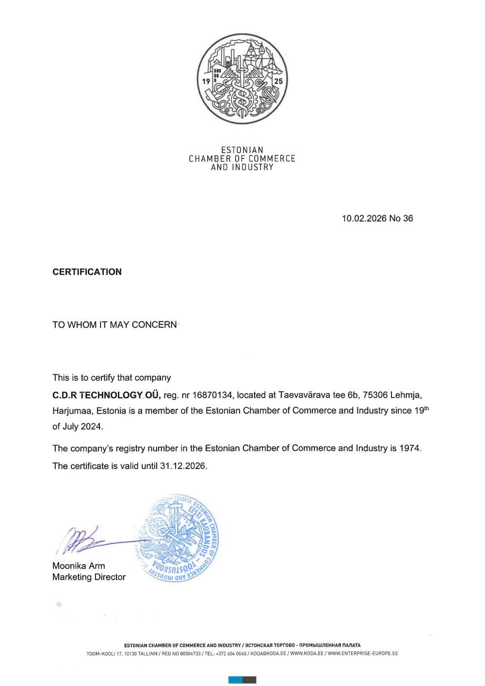 Certification Chamber of Commerce - C.D.R Technology
